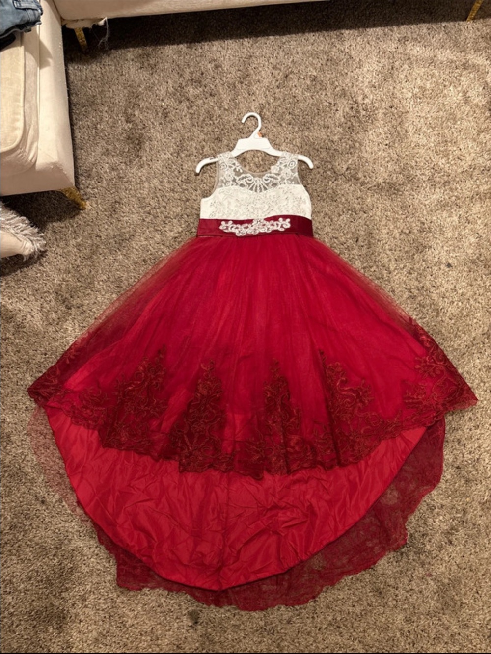Girls Red and White Lace High-Low Tulle Dress